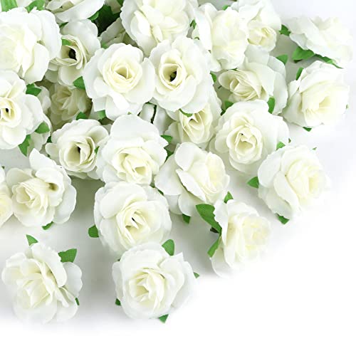 Artificial Ivory White Rose Flowers - 50 Pack, 1.6 Inch Silk Buds, Stemless