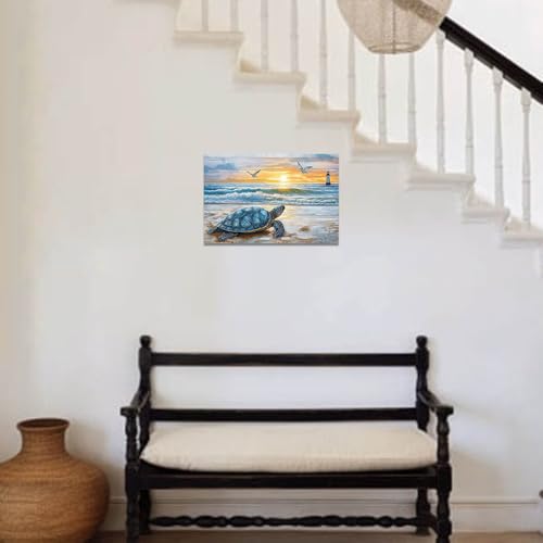 Sea Turtle Wall Art Canvas Painting - Beach Ocean Lighthouse Coastal Decor, Blue, 12x18 inches