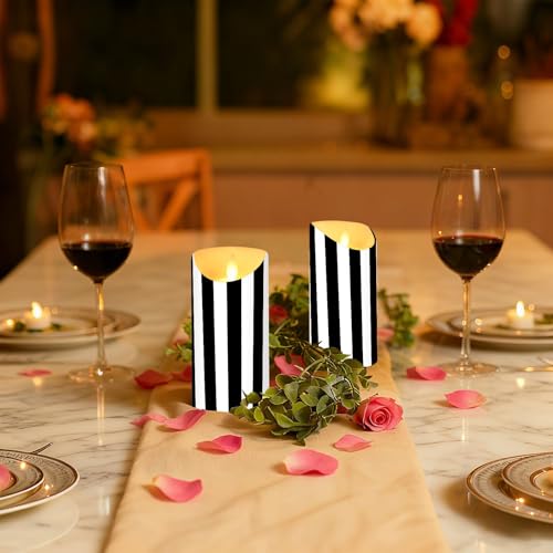 Set of 2 Flameless Candles with Remote - White & Black Stripe, Small & Large, Realistic LED Taper Candles