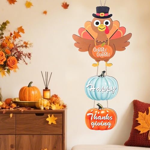 Thanksgiving Door Hanging Sign Decorations - Wooden Fall Wreath with Turkey & Pumpkin - Front Door Decor for Porch & Wall - Variation: Turkey