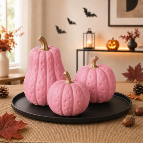 Pink Fall Pumpkin Decor Set - 3 Resin Halloween Autumn Figurines