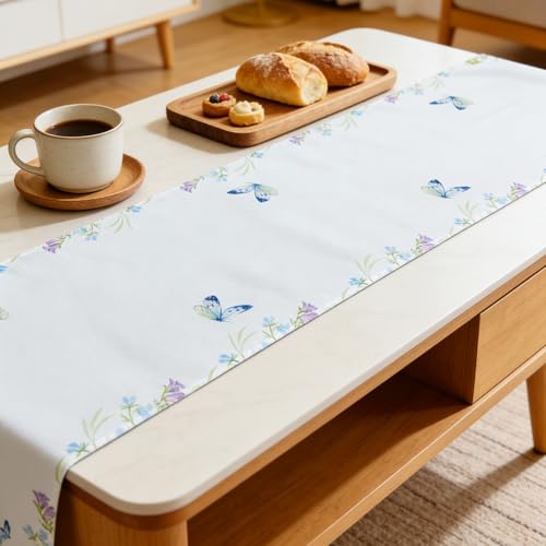 Spring Flowers Butterfly Table Runner - Farmhouse Burlap Summer Dining Linen 72 Inches