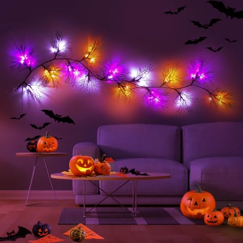 Halloween Garland with Pumpkin Bat Ghost Lights - 6FT Decor, Battery Operated, 8 Modes, Variation of Pumpkin & Bat & Ghost