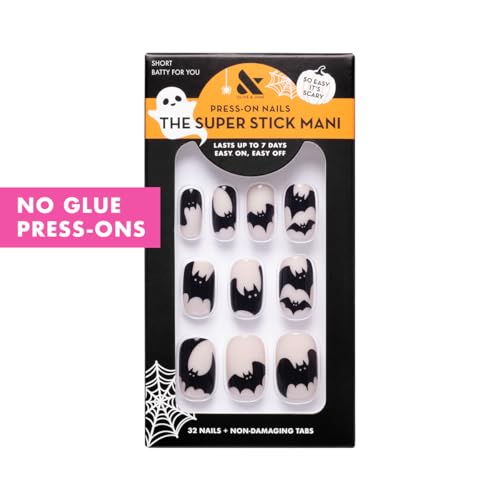 Press-On Nails Kit with 16 Sizes - Short Squoval, No Glue Needed, Halloween Batty For You