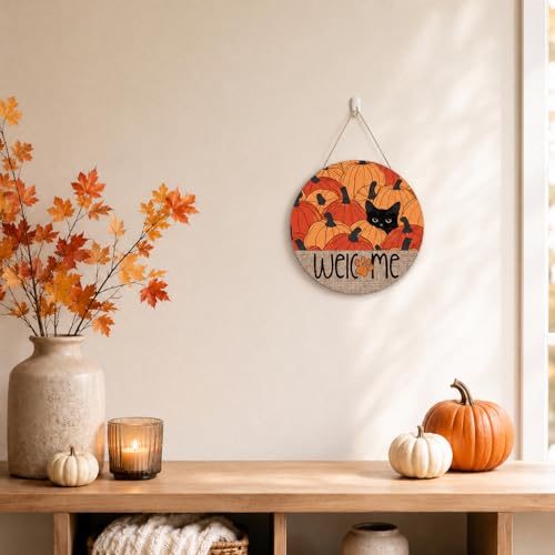 Fall Welcome Wooden Door Hanger with Black Cat and Pumpkin - Cat Fall Variation