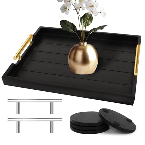 Large Black Wooden Serving Tray with Handles - Rustic Home Decor