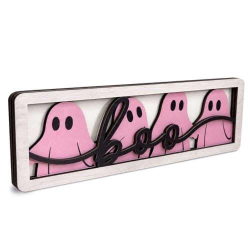 Pink Halloween Ghost Wooden Sign - Spooky Indoor Decor for Fireplace & Shelf