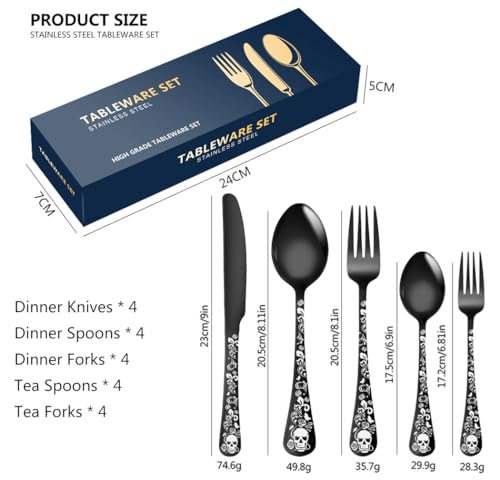 Halloween Skeleton Skull Silverware Set for 4 - Black Flatware Cutlery