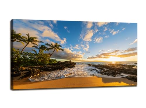 Hawaii Canvas Wall Art - Large 48x24 Inch Sunset Beach Scene for Living Room & Home Decor