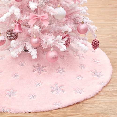 Pink Christmas Tree Skirt 48 Inch Silver Sequin Snowflakes Faux Fur