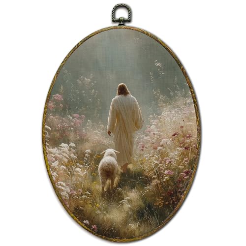 Christian Wall Art Decor Jesus and Lamb Oval Canvas Print - Religious Home Decor