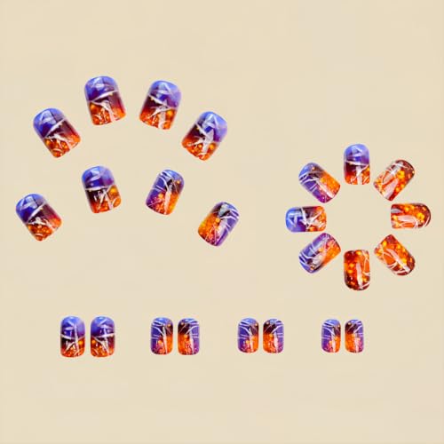 Halloween Short Square Press On Nails - Purple Orange Gradient Glitter - Variation 22
