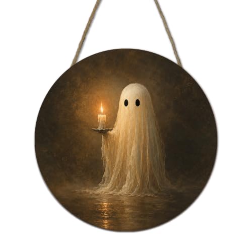 Halloween Ghost Round Door Sign - 10 Inch Wooden Rustic Plaque with Rope - Ghost-3 Variation