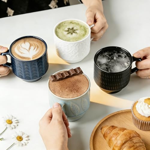 KOOV Ceramic Coffee Mug Set with Stand - Blueset, 16 oz Large Stackable Drinkware