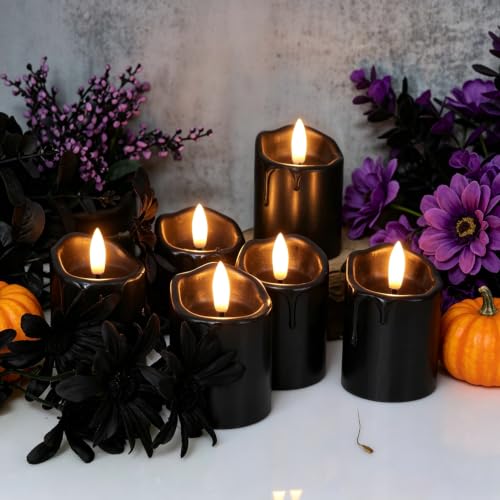 Black Flameless Votive Candles with Remote Timer - 400+ Hour Runtime, Real Wax, 6-Pack