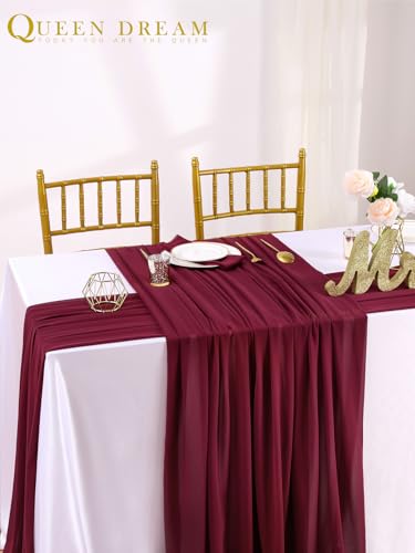 QueenDream Burgundy Chiffon Table Runner 27x120 Inch Long Sheer Wedding & Party Decor - 15 Pieces
