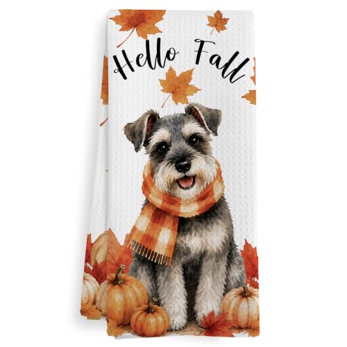 Hello Fall Schnauzer Dog Kitchen Towels - 16x24 Inch Dishcloths Gift Set