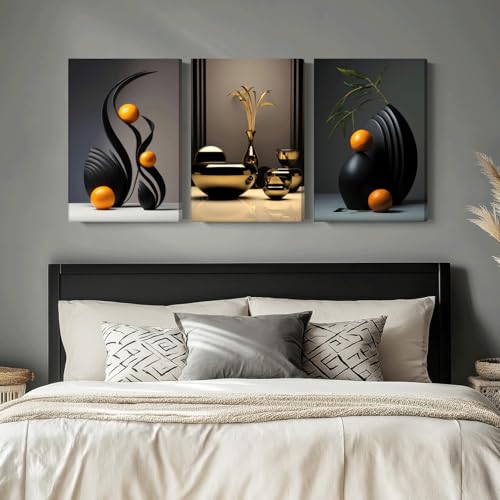Abstract Canvas Wall Art Set - 24x16 Inches Modern Sculpture Decor - Black & Orange