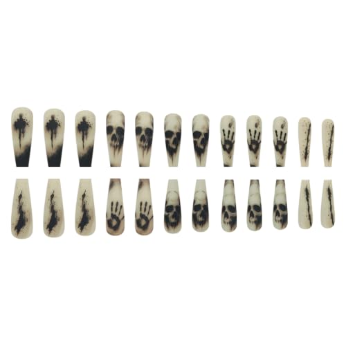 Halloween Matte Coffin Fake Nails with Skull & Shadow Design - Style 878, 24 pcs