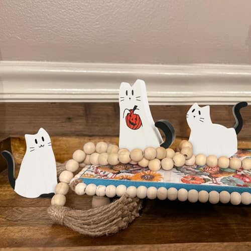 Halloween Ghost Cat Wood Signs Set - Rustic Farmhouse Decor, 3 Pieces
