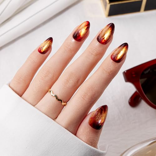 Press On Nails Short Almond with Glitter & Magnetic Effect - Warm Fireplace A2 Variation