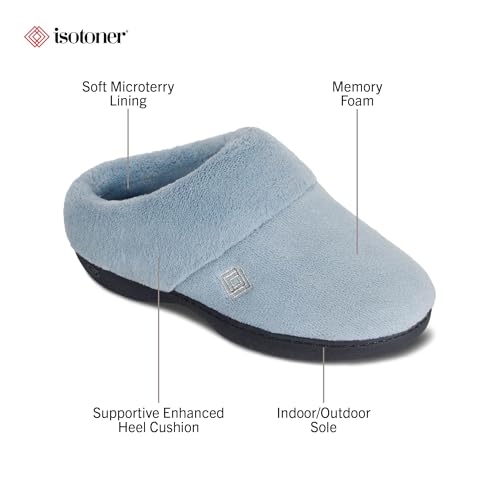 isotoner Women's Classic Clog Slippers with Memory Foam Comfort and Non-slip Sole Slipper, Blue Fog, 8.5-9