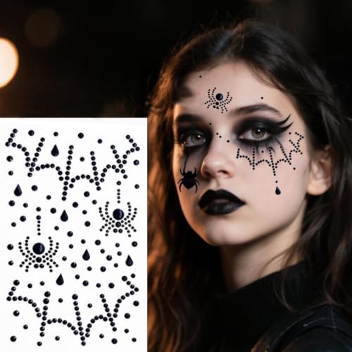 3PCS Halloween Face Gems Set - Spider Web Rhinestones for Women with Red, White, Black Variations