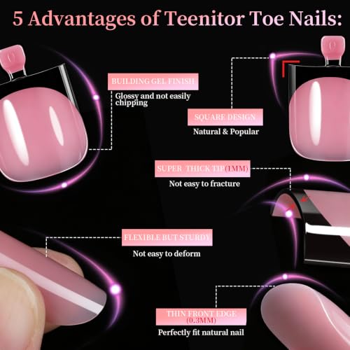 Pink French Square Toe Nail Press On Kit with Gems & Stickers - Teenitor