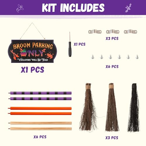 Halloween Light-Up Broom Parking Sign with 3 Witch Brooms - Indoor & Outdoor Decor