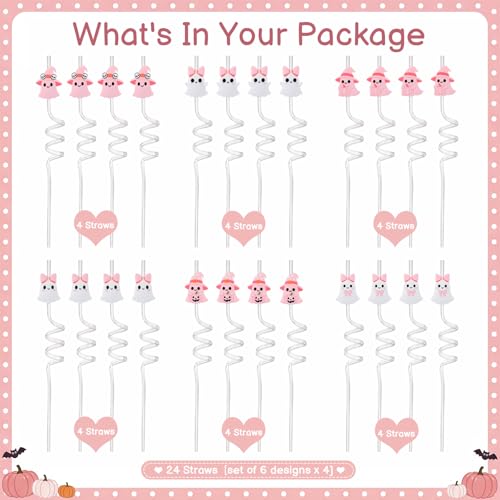 24 Pcs Pastel Ghost Halloween Reusable Glitter Drinking Straws - Cute Party Supplies