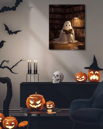 Halloween Ghost Wall Art Canvas Print - Spooky Library Reading Decor 8x10 Variation: Ghost-7