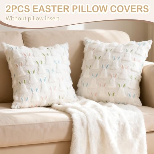 18x18 Inch Pillow Covers Set of 2 - Easter Bunny Plush Farmhouse Decor