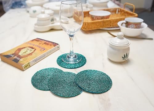 Solid Teal Handmade Beaded Coasters Set of 4 - Halloween Fall Thanksgiving Holiday