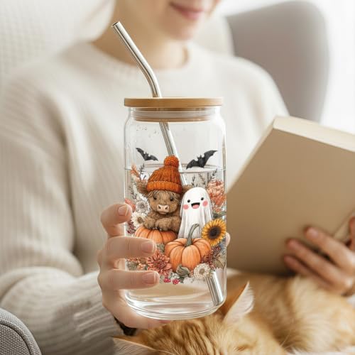Halloween Highland Cow Glass Cup with Lid & Straw - Fall 16 Oz Iced Coffee Tumbler - Variation 14