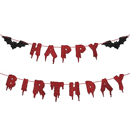 Halloween Birthday Banner - Red Glitter Dripping Blood & Bat Accents - Gothic Horror Party Decorations - Variation of THIS Listing