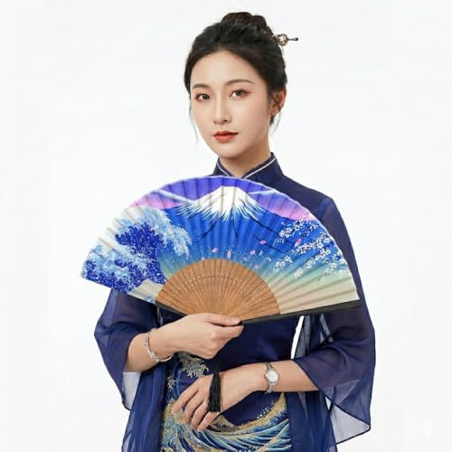 Night Edition Foldable Hand Fan for Women - Vintage Bamboo Silk Fan with Tassel & Pouch