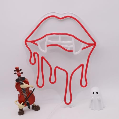 Vampire Fangs Neon Sign - Red Lips LED Light for Halloween & Gothic Decor - Chip-Red Variation