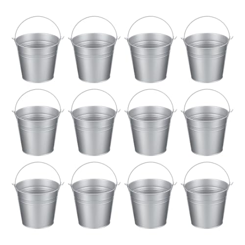 Mini Metal Buckets Set - 12 Colorful Galvanized Containers with Handles, 5.1x4.7 Inches, Silver