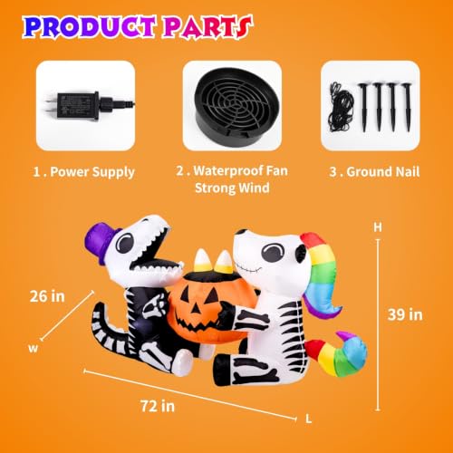 6 Ft Inflatable Sitting Skeleton Dinosaur with Pumpkin Halloween Yard Decor