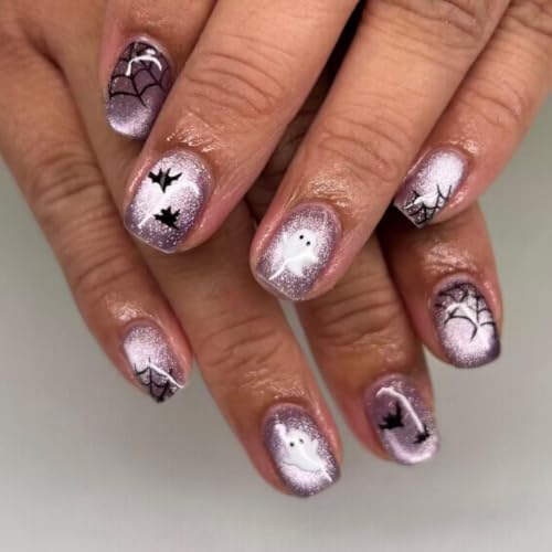 Halloween Short Square Press On Nails with Ghost & Cat Eye Design - Variation 47