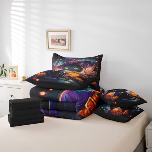 Halloween Black Purple Cat Bed in a Bag Set Full Size with Pumpkin Lantern Decor - Trick or Treat Bedding