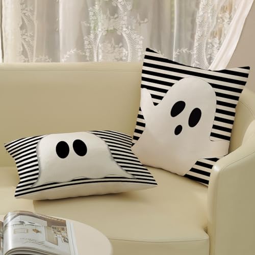 Halloween Pillow Covers 24x24 Set of 2 Ghost Stripe Linen Outdoor Decor - Black & White