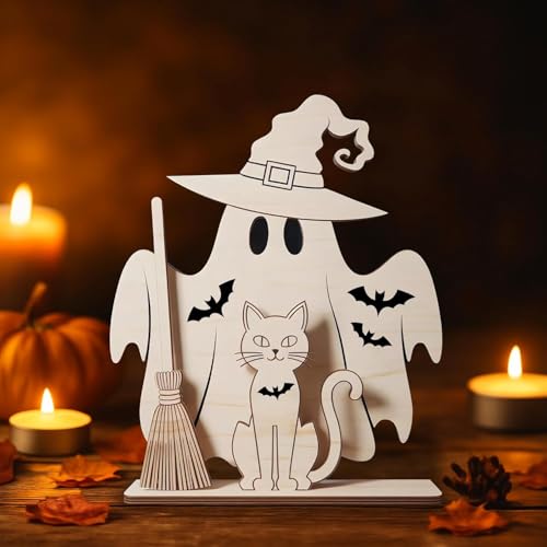 Wooden Ghost Cat Halloween Centerpiece Decor with Broom & Bats - Indoor Festive Table Decor - Ghost Witch & Cat Variation
