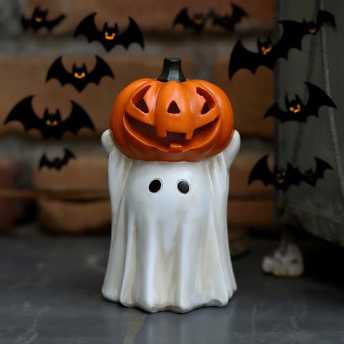Halloween Ghost Decoration with Light-Up Jack-o'-Lantern Head - 7.7in White Ghost with Mini Pumpkin & LED Lights, Indoor & Outdoor Festive Decor - Variation of 7.7in Jack-o'-Lantern Head