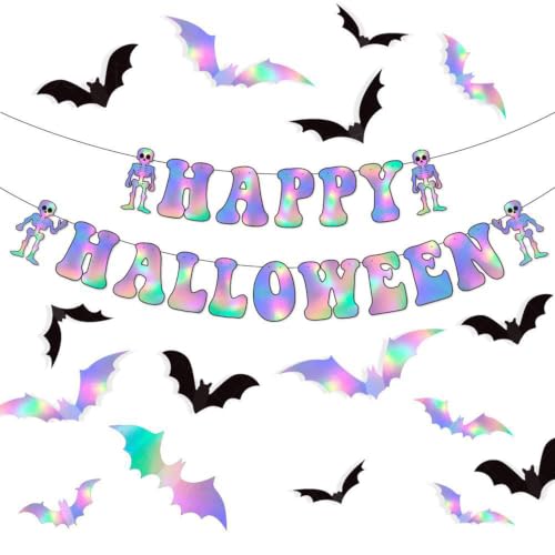 Halloween Party Banner and 3D Bat Decorations - Iridescent & Holographic Set