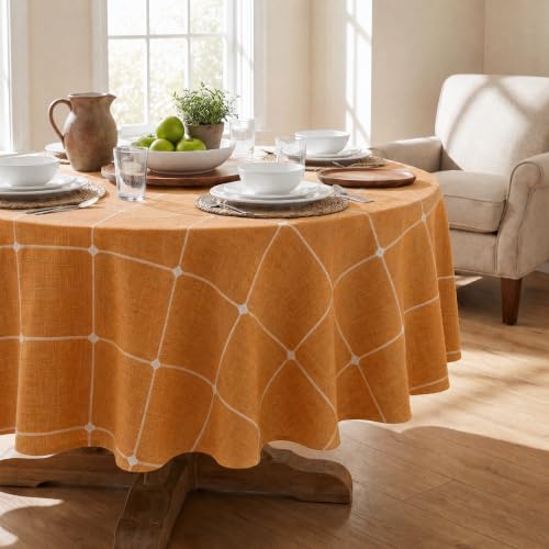 Farmhouse Plaid Round Tablecloth 70x70 Inch Orange - Durable Polyester