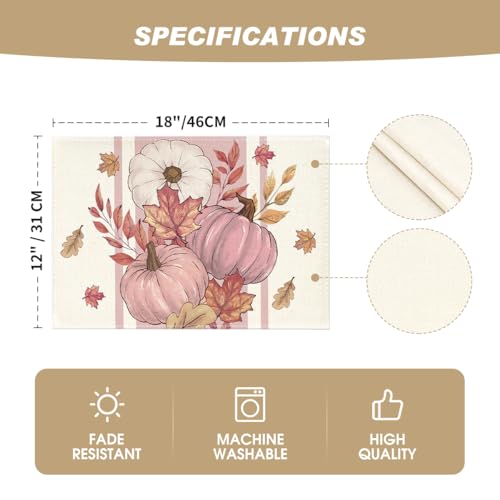 Pink Pumpkin Maple Leaf Fall Placemats Set of 4 - 12 x 18 Inch Rectangular