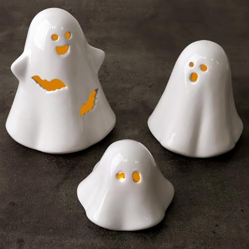 Halloween Ceramic Ghost Figurines with LED Lights - 3 Pack Spooky Decor for Home & Party