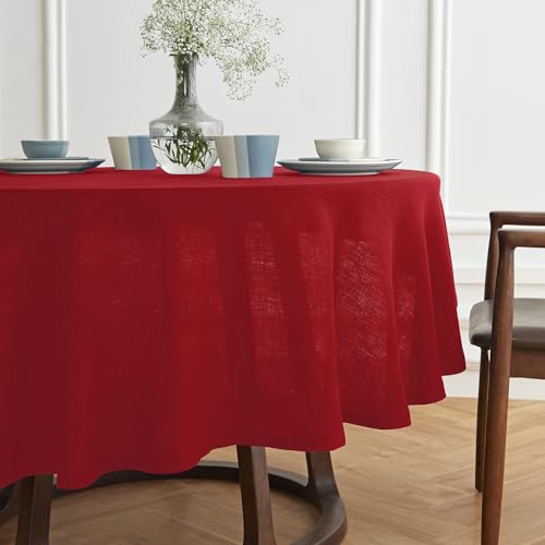 Red Linen Round Tablecloth 60 Inch - Prewashed & OEKO-TEX Certified