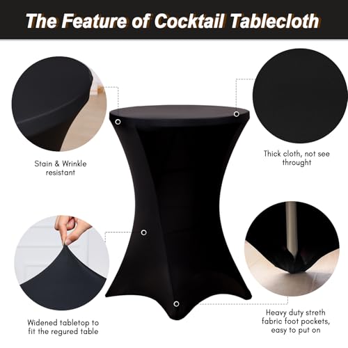 Fixwal 4 Pack Black Round Fitted Cocktail Tablecloths - 32x43 Inches